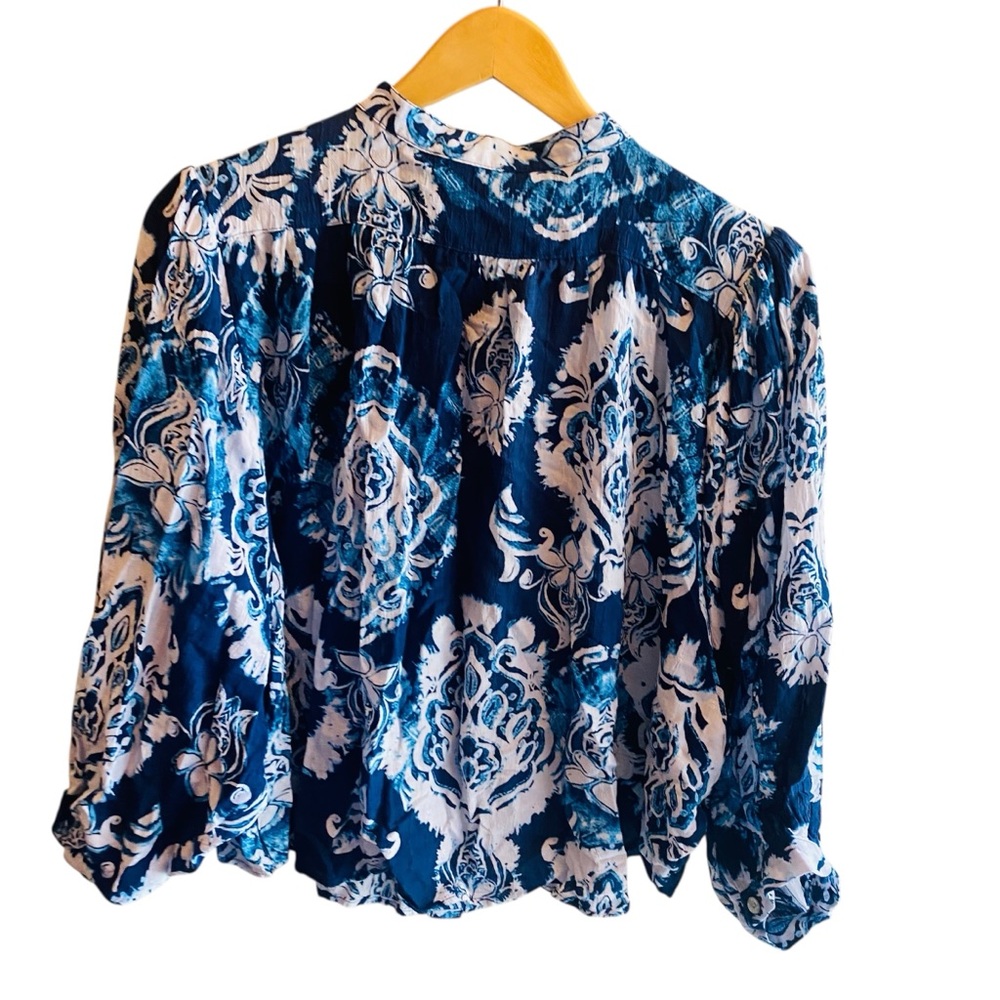 Haute Hippie Top Blue Artsy Print Balloon Batwing Sleeve Button Up Blouse Sz M - Picture 2 of 5